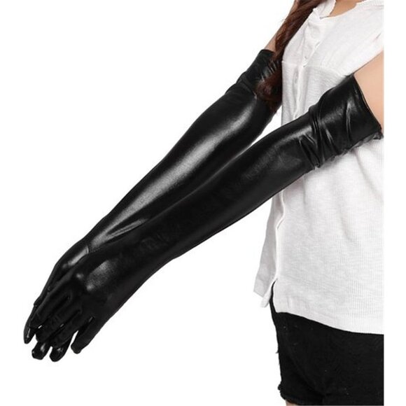 Women's Black Faux Leather Sexy Wet Look  Nylon  Adult Latex  Long  Gloves - Picture 3 of 7